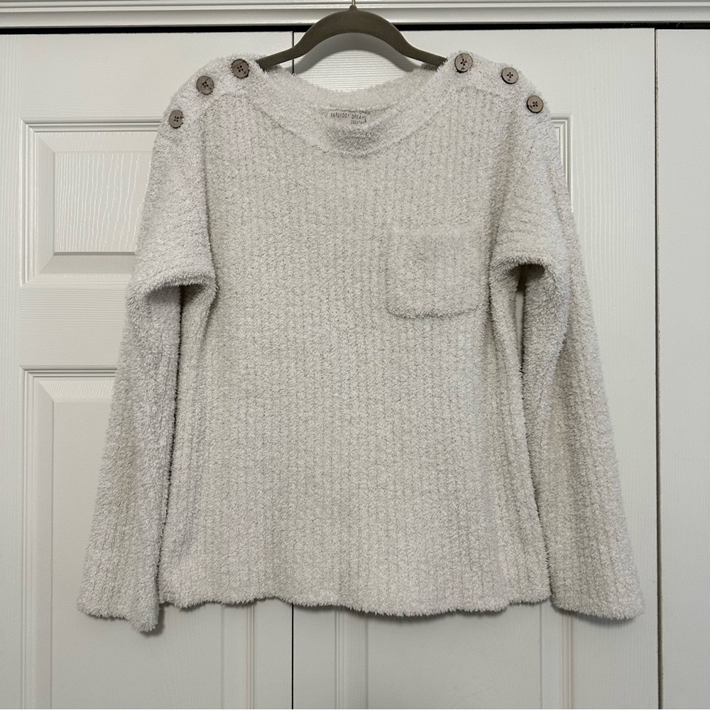 Barefoot Dreams Cozychic Lite Melange‎ Boatneck Button Pullover Sweater EUC